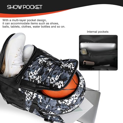 Goloni Basketball Backpack,Large Sports Bag with Ball Compartment & Shoe Compartment,Basketball Bag Fit Volleyball, soccer,Gym - color: Camo Gray