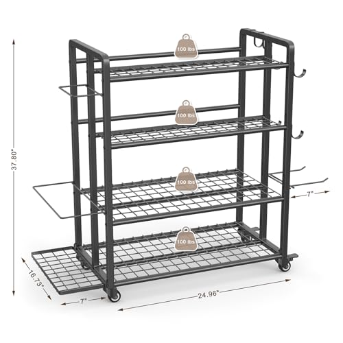 4-Tier Dumbbell Rack Stand Only, Adjustable Weight Rack for Dumbbells Kettlebells Yoga Mat, Home Gym Storage Rack with Wheels and Hooks, Powder Coated Finish - size: Large Black