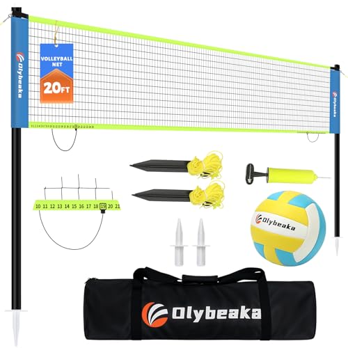 Portable Outdoor Volleyball Net Set for Backyard Beach with Adjustable Poles, Soft PU Volleyball & Pump, Carry Bag and Durable Anti-Sagging Net - color: Blue and Green, size: 20ft