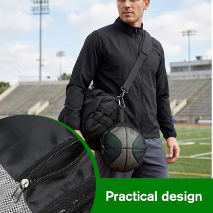 Thinp Single Mesh Ball Bag with Zipper Pocket, Ball Storage Bag Mesh Storage Bags with Double Hook Portable Drawstring Sling Back Bags for Soccer Basketball Football Volleyball Rugby
