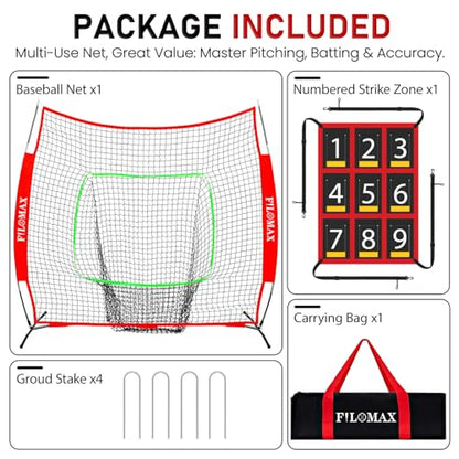 7x7 ft Baseball & Softball Practice Net with 9 Numbered Strike Zone | PRO Training Net for Hitting, Pitching & Batting | with Carry Bag, Bow Frame for All Ages & Skills - color: red