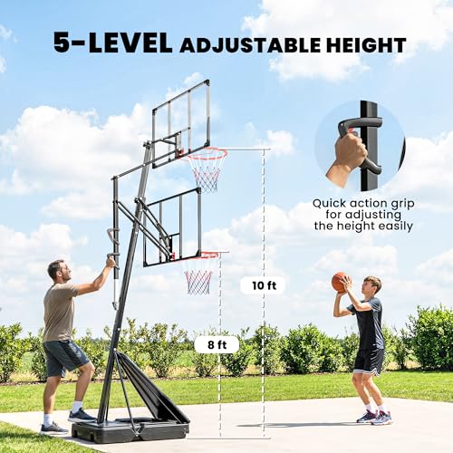 Soozier Basketball Hoop Outdoor Portable, 8-10ft Adjustable Basketball Goal, 47 Inch Shatterproof Backboard w/Shock Absorbent Rim, Fillable Base, for Youth & Adult, for Backyard, Driveway, Indoor