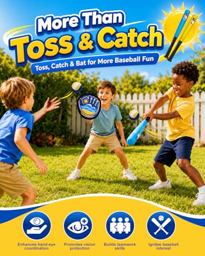 Toss and Catch Baseball Toys,Outdoor Sport Games for Kids and Family with Tball Bats and Toddler Baseball Glove and Sticky Soft Balls. Great for Yard Lawn Beach Pool and Indoor Fun