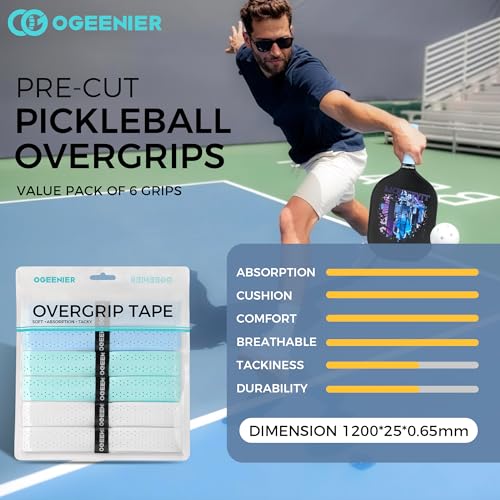 Pickleball Paddle Grips, Pack of 6, Non-Slip & Moisture Wicking Overgrip Tape for Pickleball Paddles - color: Light Blue + MintCream + White