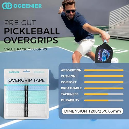Pickleball Paddle Grips, Pack of 6, Non-Slip & Moisture Wicking Overgrip Tape for Pickleball Paddles - color: Light Blue + MintCream + White