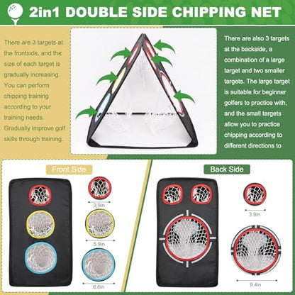 Golf Chipping Net: Ultra-Portable Dual-Sided Triple Target Training System with 400D Canvas for Indoor/Outdoor Backyard Practice – Includes Mat & Foam Balls & Golf Tees (Golfer Gift)