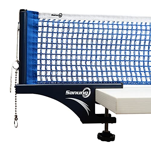 Sanung S405 Table Tennis Net and Post Set, Thickened Folding Ping Pong Table Net and Post Kit with Bead Chain Measuring Ruler for Any Standard Table Indoor Outdoor, Blue