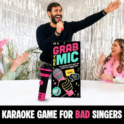 Lucky Egg Official Grab The Mic – Family Karaoke Board Game w/Foam Mic, 8+ Ages, 2-10 Players - Games for Bad Singers w/ 230 Lyrics (115 Cards)