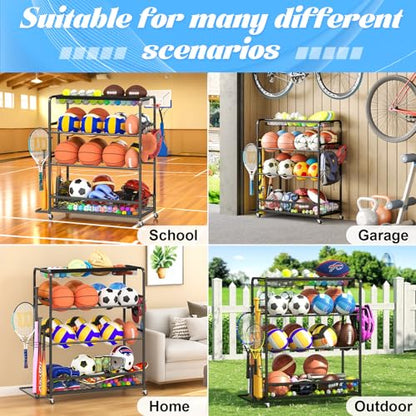 Basketball Hoop,Wheeled Sports Ball Storage Rack,Double-Row Basketball Hoop Holds 16+ Balls,Ball Storage Rack with Baseball Bat Holder and Hooks,Stores Basketballs,Soccer Balls,Footballs,etc.-Black