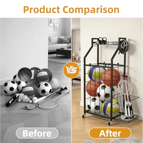 hanmir Ball Storage Rack for Garage, Rolling Sports Ball Organizer with Wheels, Baskets and Hooks, Sports Equipment Storage for Basketball Soccer Football, Garage Organizer (Black)