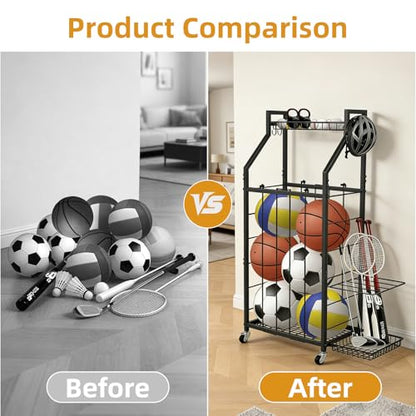 hanmir Ball Storage Rack for Garage, Rolling Sports Ball Organizer with Wheels, Baskets and Hooks, Sports Equipment Storage for Basketball Soccer Football, Garage Organizer (Black)