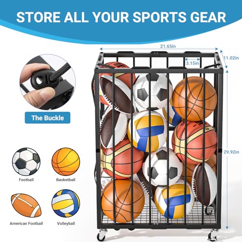 Ball Sports Organizer Storage Cart, Garage Metal Rolling Bin with Thicker Elastic Rope, Ball Holder Rack with Wheels for Volleyball, Basketball, Football, Toys, Gym, Outdoor & Indoor Equipment Storage