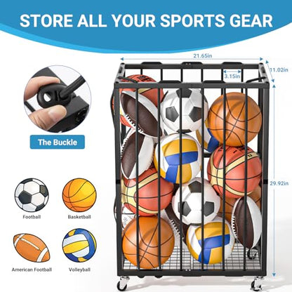 Ball Sports Organizer Storage Cart, Garage Metal Rolling Bin with Thicker Elastic Rope, Ball Holder Rack with Wheels for Volleyball, Basketball, Football, Toys, Gym, Outdoor & Indoor Equipment Storage