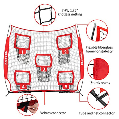 BaseGoal Football Nets for Throwing,Football Target,Quarterback Training Equipment with 5 Target Pockets for Improving Football Accuracy Throwing-8 x 8 ft or 7 x 7 ft Nets - color: 8 x 8 Ft Red + Ball