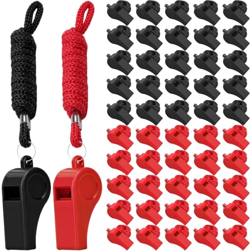 Mototo 50PCS Plastic Whistle for Coach with Lanyard Loud Crisp Sound Red Black Sports Referee Whistle Bulk for Adults Coaches Referees Teachers Officials Polices Emergency Dog Training Lifeguard - color: Red, Black