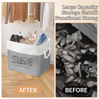 Shoe Basket Organizer, Large Capacity Fabric Entryway Shoe Storage Bin with Handle, Flodable Space-Saving Shoe Basket for Entryway, Hallway, Entryway and Mudroom - color: Khaki, style: Cotton Rope