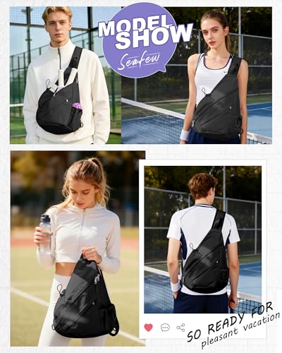 SEAFEW Black Pickleball Crossbody Sling Bag - Men's & Women's Pickleball Sports Backpack with Water Bottle Holder, Adjustable Pickleball - color: A1-black