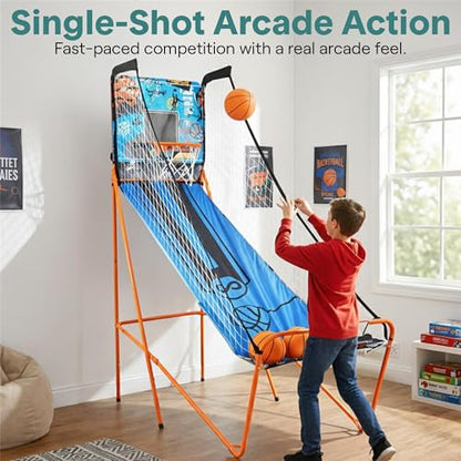 SereneLife Dual Shot Basketball Arcade Game with Electronic Scorer, 8 Game Modes, Indoor Outdoor 2 Player Basketball Shooting Game, Foldable Arcade Set with 5 Balls and Pump - style: Single Hoop