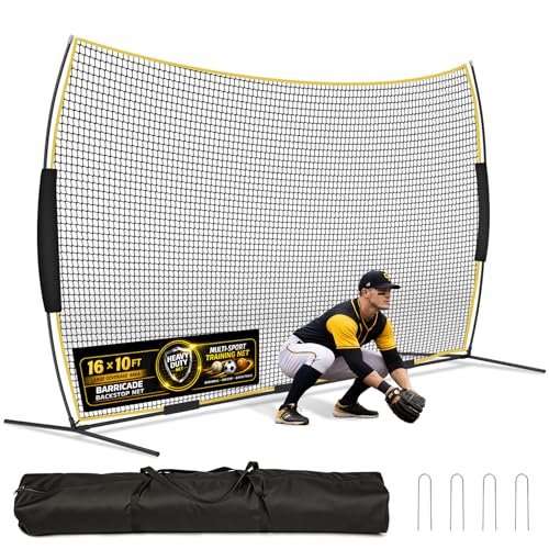 Barricade Backstop Net, 12x9 ft/ 16x10 ft/ 20x10 ft Ball Stop Netting with Carry Bag & Ground Stakes, Quick Setup, Portable, Perfect for Lacrosse, Baseball, Basketball, Soccer - size: 16x10 ft