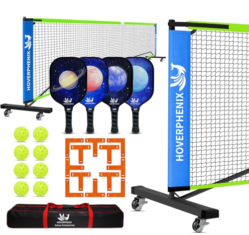 Hoverphenix Portable Pickleball Net Set, 22FT Regulation Size Pickle Ball Net with Paddle Set of 4, Pickleballs and Carry Bag, Easy Setup for Indoor Gym, Outdoor Court,Driveway, Backyard - color: BLUE & GREEN, style: Pickleball Net Set with Wheels