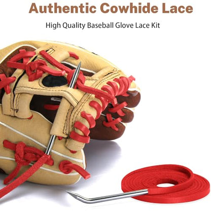 Softball Baseball Glove Lace, Mitt Lace Repair Kit Includes 2 Leather Laces and Lacing Needle for Catcher's Glove - color: Red
