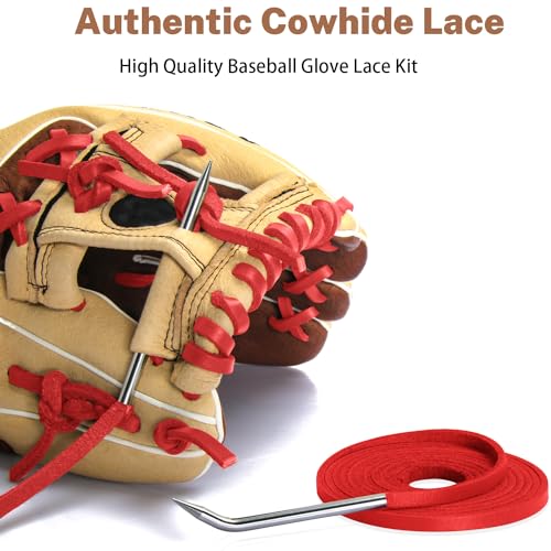 Softball Baseball Glove Lace, Mitt Lace Repair Kit Includes 2 Leather Laces and Lacing Needle for Catcher's Glove - color: Red