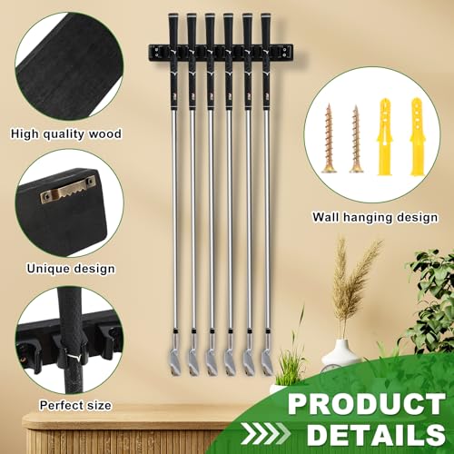 Blueweenly 2 Pack Wooden Golf Club Holder Wall Mount 8 Clips Golf Club Rack Hanger Organizer for Wall Display Garage Putters with Screws, Grip up Type (Black)