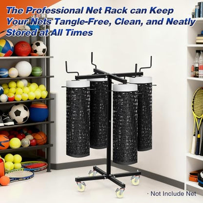Movable Sports Net Storage Rack with Lockable Wheels, Heavy-Duty Holder for Volleyball, Tennis, Pickleball, Badminton Nets, Space-Saving Support Rack with Swivel Handle & Dust Covers - style: Holds 4 Nets