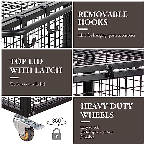 MyGift Black Metal Rolling Sports Ball Storage Cart for Playground, Dodge Ball, Basketball, Soccer Ball Gym Basket Equipment Cart with Lockable Latch, Caster Wheels and 4 Hooks