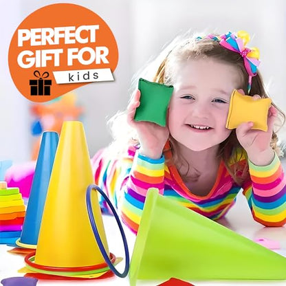 CircleCraft 31 Pcs. Plastic Cones and Rings Games Ring Toss Games for Adults, Carnival Games for Kids, Bean Bag for Kids Games Birthday Party, Yard Game, Sports & Outdoor Game for Family Party