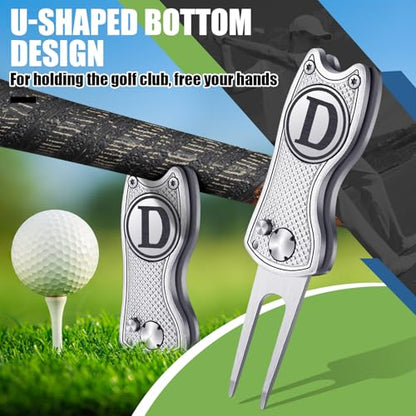 Golf Divot Repair Tool with Letter Custom Monogrammed Initial Ball Marker Divot Tool New Year Golf Gifts Foldable Metal with Magnetic Putt Alignment for Men Father Golfer - color: Silver, style: Letter D