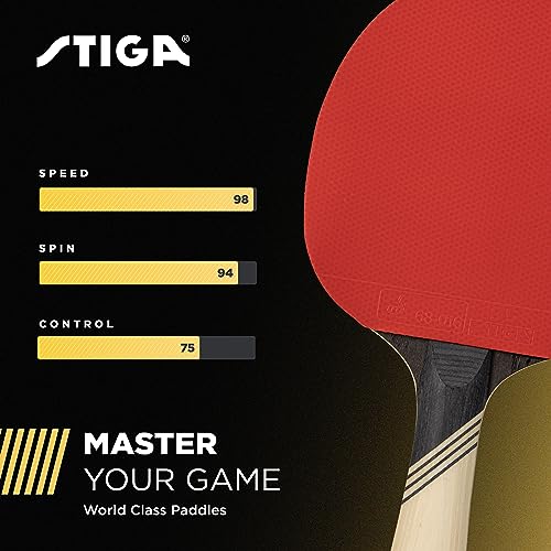 STIGA Carbon+ Bundle Ping Pong Paddle Set – 7-ply Extra Light Carbon Fiber Blade – 2mm Premium Sponge – Concave Pro Handle – 2 3-Star Tournament Balls – Neoprene Racket Cover – Player Wristband - color: Red Cover