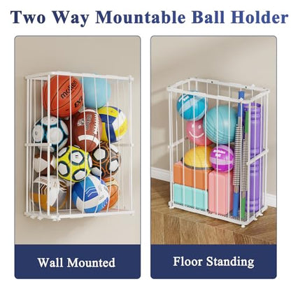 Garage Ball Storage, Wall-Mounted & Floor Ball Holder with Elastic Rope, Sports Equipment Organize Ball Rack for Basketball, Soccer, Volleyball, Football, Garage, Gym, White