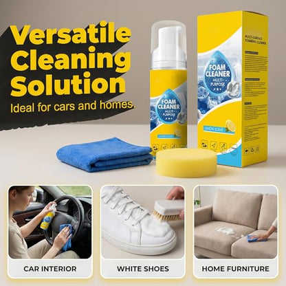 4-in-1 Multi-Enzyme Foam Spray Cleaner, Multipurpose Foam Cleaner for Car Interior Kitchen Bathroom Sofa, Lemon Fresh Scent, Deep Cleaning Spray for Leather Fabric (Foam Cleaner 1 Set)