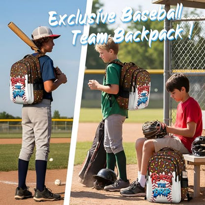 Kids Schoolbag for Boys Girls Baseball Drip Backpack, 17" Cool Sports Bookbag for Teenagers Elementary Middle College Students Picnic Teammates - color: Brown