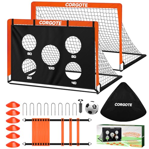 Toddler Soccer Goals for Backyard Set of 2, 4x3ft Portable Pop Up Soccer Net, Kids Soccer Training Equipment with Ball, Cones, Ladder, Scoring Target, 3-14Years Old Birthday Gifts for Boy Girl - color: Orange