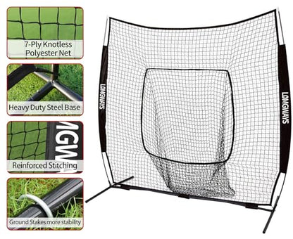 7x7ft/8x8ft Baseball Softball Net with Steel Frame for Batting, Hitting, Pitching, Portable Baseball Batting Net with Carry Bag, Great for All Levels - size: 7FT Black