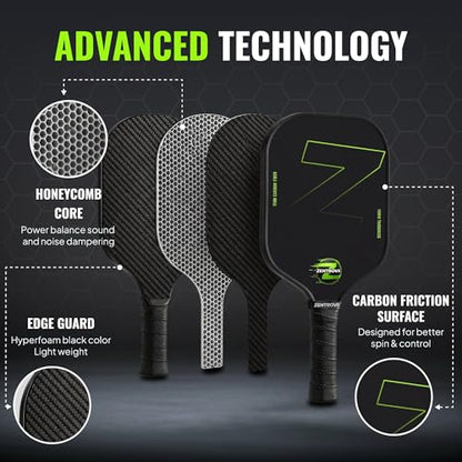 ZENTROVA Carbon Fiber Pickleball Paddle – T700 Raw Carbon Surface, 16mm PP Honeycomb Core, Max Spin & Control with Complete pickleballs Set, Cover & Carry Case – Beginner to Intermediate, Men & Women