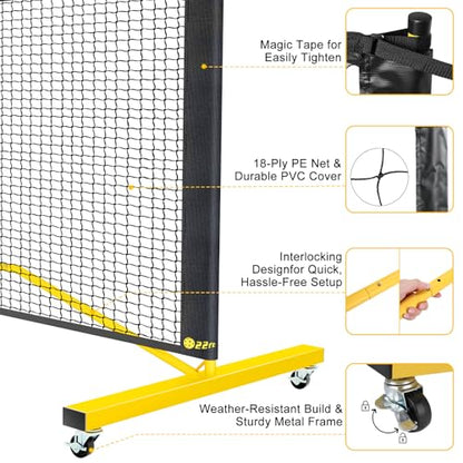 Portable Pickleball Net with Wheels, Regulation Size 22 FT & Half Court 11 FT, Steady Metal Frame for Backyards, Driveways, and Garages (Black&Yellow)