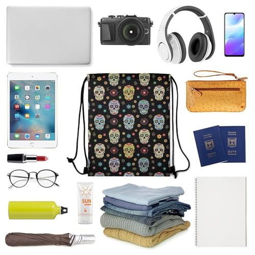 Gym Drawstring Backpack Sackpack Water Resistant for Sports Beach Yoga Travel Unisex, Sugar Skulls Bags - color: Picture (517)