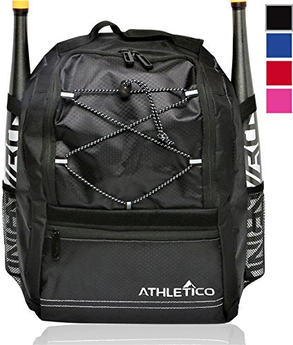 Athletico Youth Baseball Bag - Bat Backpack for Baseball, T-Ball & Softball Equipment & Gear | Holds Bat, Helmet, Glove | Fence Hook - color: Black
