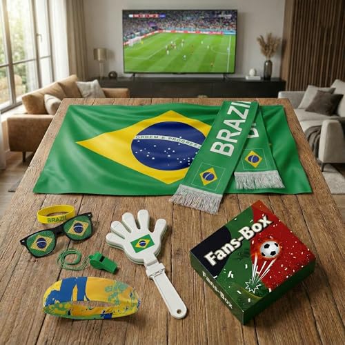 Soccer Fan Gear Set 2026-7 Piece Game Day Kit with Flag, Scarf, Glasses, Whistle, Clapper, Wristband & Headband in Gift Box - Watch Party & Stadium Essentials for Brazil - color: Brazil