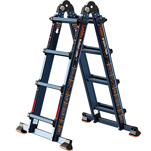 LANBITOU Ladder, A Frame 4 Step Ladder Extension, 14 FT Anti-Slip Multi Position Ladder, Storage Folding Ladder, 300 lbs Security Load Telescoping Aluminum Ladders for Stairs Home Indoor Outdoor Roof - color: Blue, size: 14FT