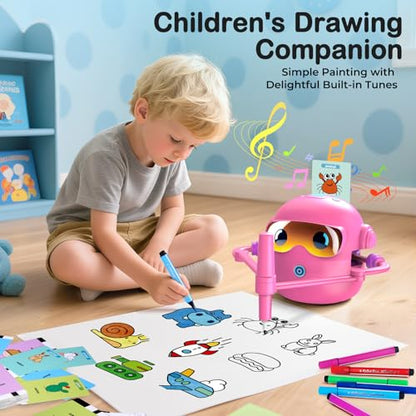 Drawing Robot for Kids with 100 Cards, Montessori Painting Learning Toys for 3 4 5 6 7 8 Year Old Boys Girls,Voice Interactive Early Learning Educational Drawing Toy Gift for Birthday Party - size: Pink