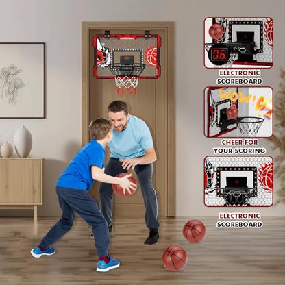 Over The Door Basketball Hoop, 2025 Upgrade Indoor Basketball Hoop with LED Lights and Scoreboard, Includes 3 Balls & Pump, Toys Gifts for3 4 5 6 7 8 9 10 11 12 Year Old Boys - Mini Basketball Hoop