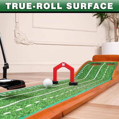 CHAMPKEY Premium Golf Putting Green Indoor with 3 Golf Putting Gates - Improves Putting Accuracy and Skill Levels Golf Putting Mat - Ideal for Indoor and Outdoor Training - style: Dual Hole - Wooden