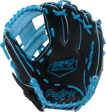 Rawlings | R9 Series Baseball Glove - color: Black / Columbia Blue | Pro I Web, size: 11.5"
