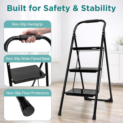SereneLife 3-Step Ladder, Folding Step Stool for Adults, Wide Anti-Slip Pedal and Handrail, Sturdy Steel Build, 570 lbs Capacity, Portable Step Stool Ladder for Home and Office Use (Black) - size: 3 Step