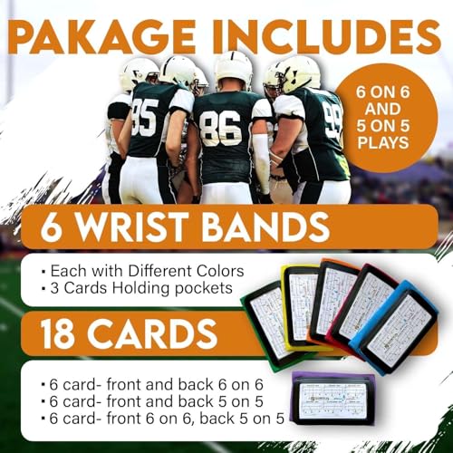 6 Pack Football Play Wristbands with Durable PVC Play Cards, Youth Quarterback Wristband Playbook for 5-on-5 & 6-on-6, Reversible Cards for Coaches & Players