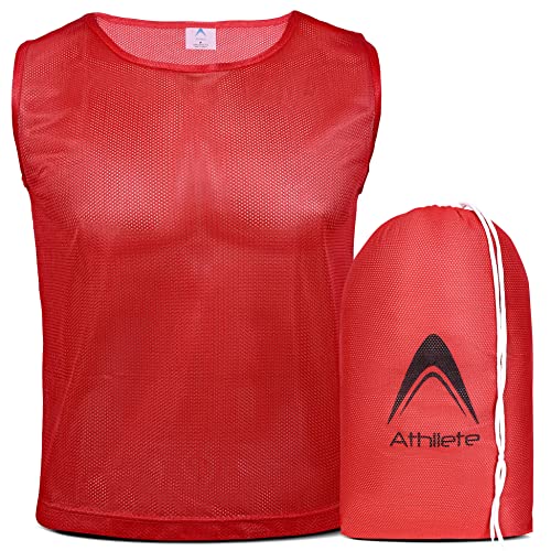 Athllete 12 pcs Duramesh Pinnies/Scrimmage Vest - Kids Youth and Adult Pinnies, Numbered Penny Jerseys for Soccer - color: Red (Set of 12), size: Small